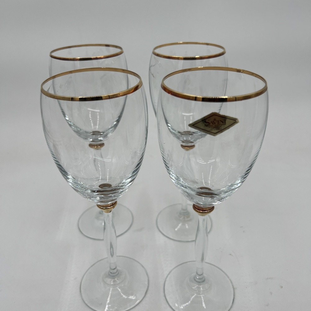 Set Of 4 Savini Crystal Wine Glasses By I.Godinger 24Kt Gold Rim Made In Turkey